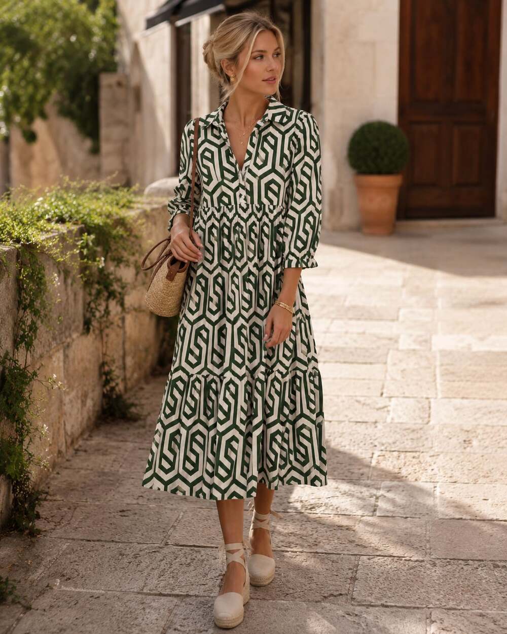 Zara Geometric Print Tiered Midi Shirt Dress - Picture 1 of 4